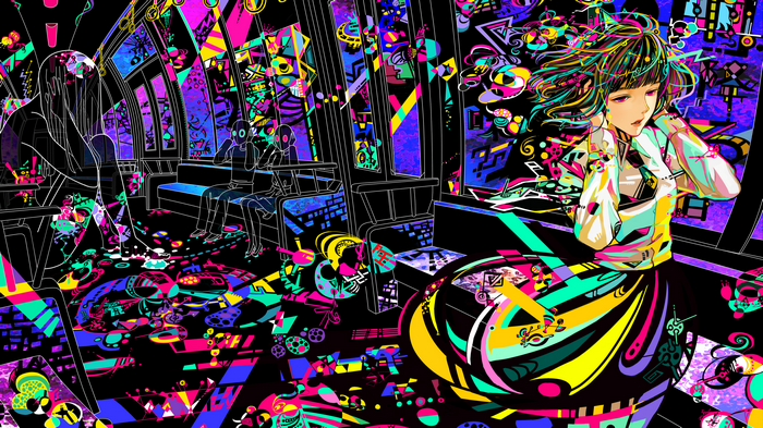 Anime girl on a colorful, abstract train