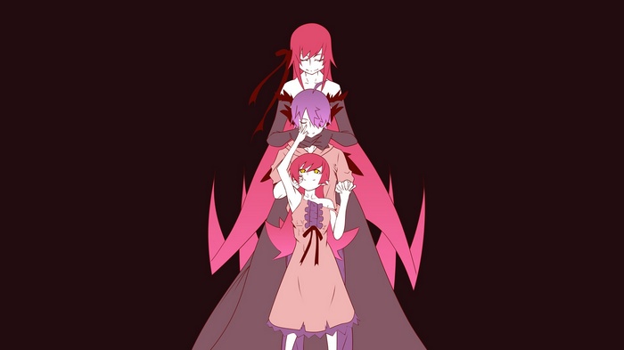 Monogatari Series characters: Shinobu, Araragi, and another girl