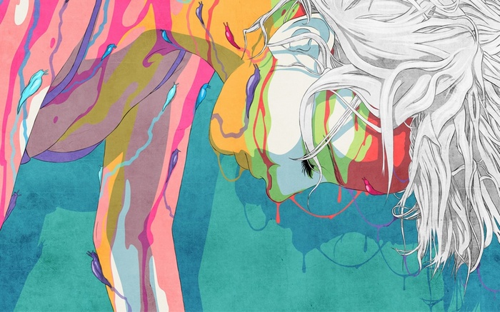 Woman with white hair covered in colorful paint and slugs
