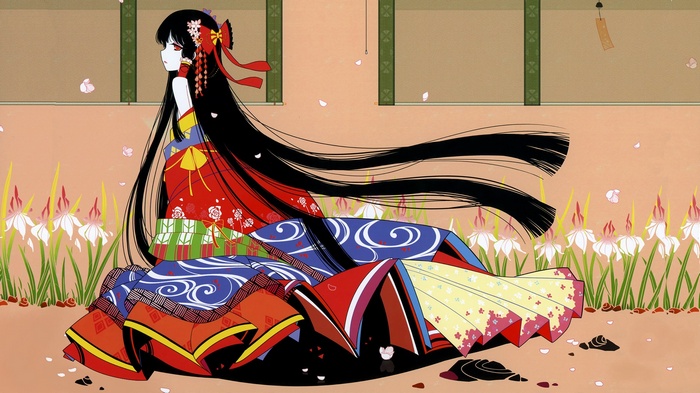 Hakurei Reimu in a colorful kimono with long black hair