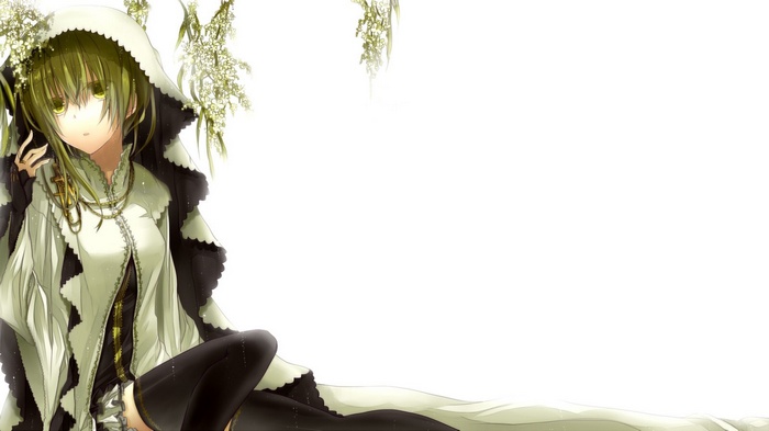Anime girl with green hair and eyes wearing a white cloak
