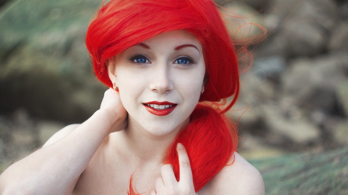Ariel cosplay with red hair and blue eyes