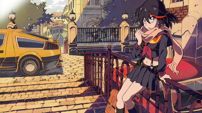 Ryuko Matoi in Kill la Kill with a Yellow Car