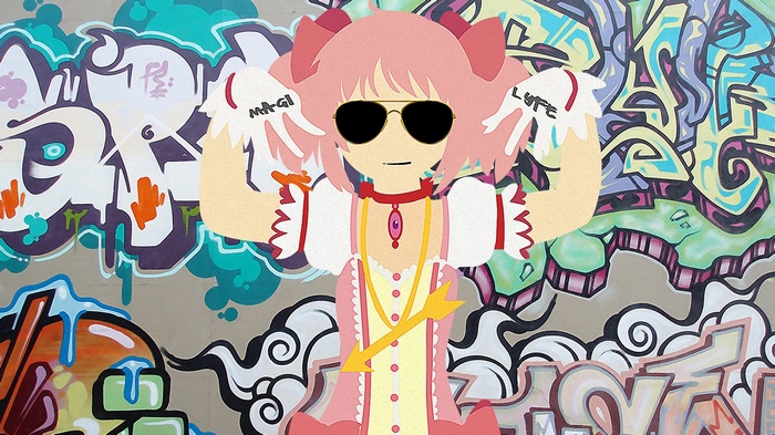 Madoka Kaname with sunglasses in front of graffiti