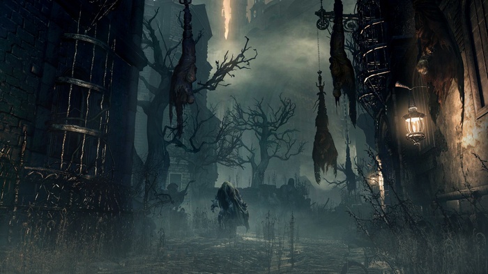 Bloodborne eerie street with hanging bodies and lantern