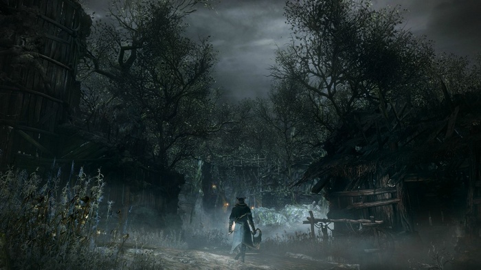 Bloodborne character walks through a dark, foggy forest