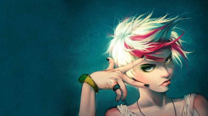 Artwork of a woman with punk hairstyle and blue background