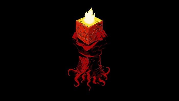 Hellboy holding the Cosmic Cube with fire