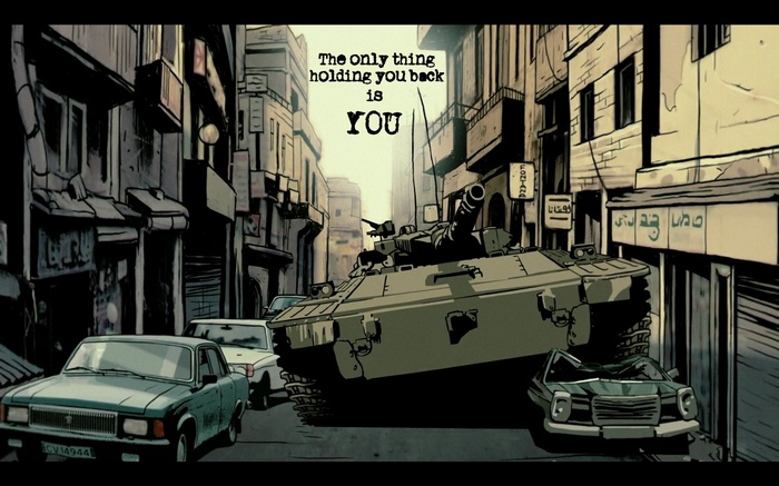 Tank in a city street with text overlay