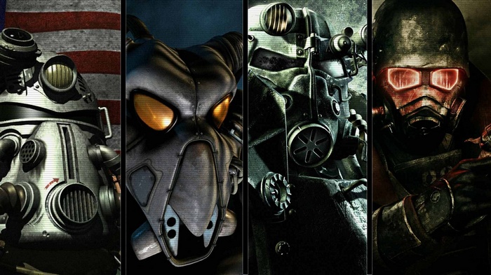 Fallout collage featuring power armor and wasteland characters