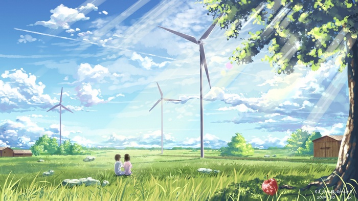 Anime landscape with wind turbines and two people