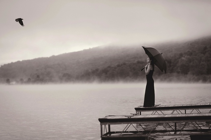 Woman with umbrella on dock with bird flying