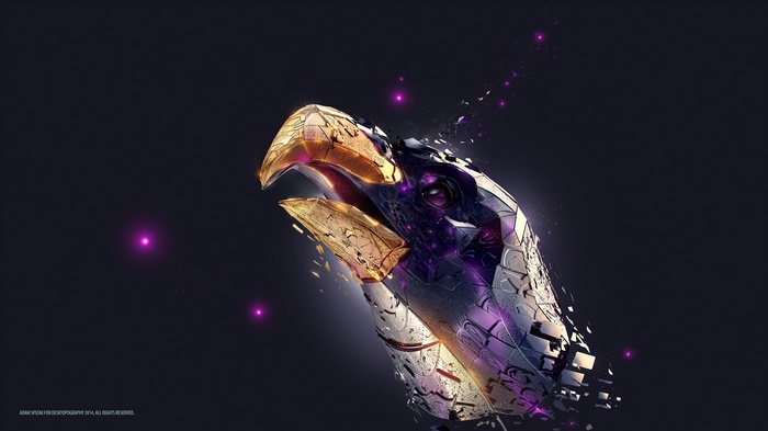Digital art of a deconstructed eagle head with purple lights