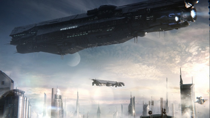 Halo 4 spaceship over futuristic city