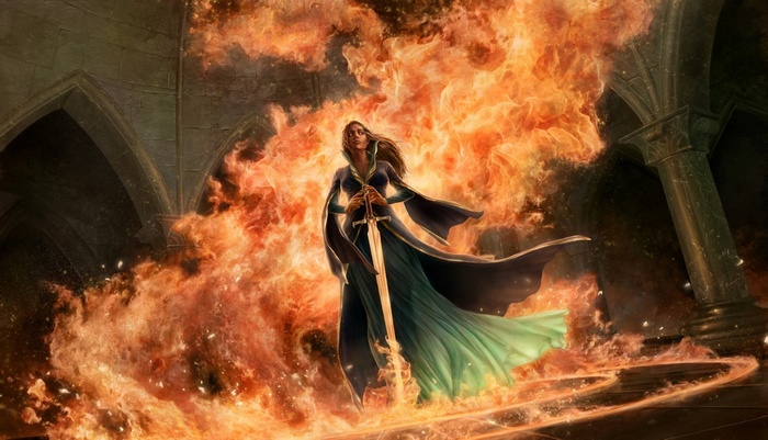 Fantasy girl with sword surrounded by fire