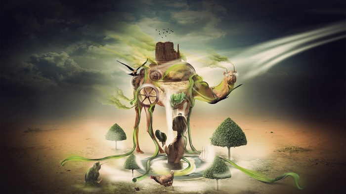 Surreal desert landscape with camel creature and trees