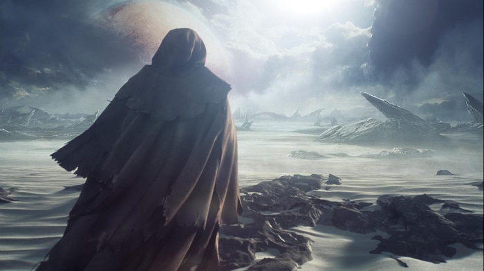 Master Chief in a desolate alien landscape