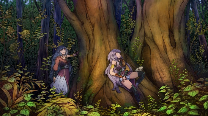Two anime girls in a forest setting