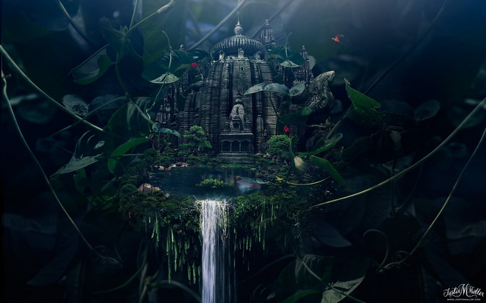 Ancient Temple Surrounded by Lush Jungle and Waterfall