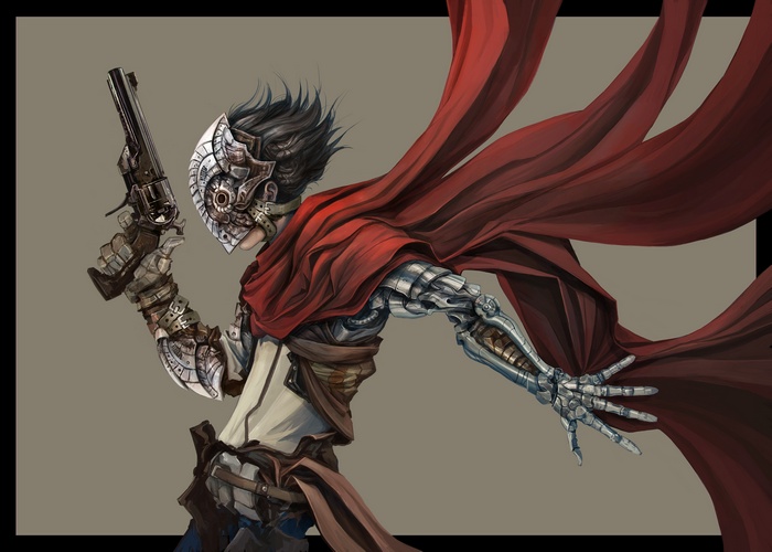 Anime cyborg with a red scarf and pistol