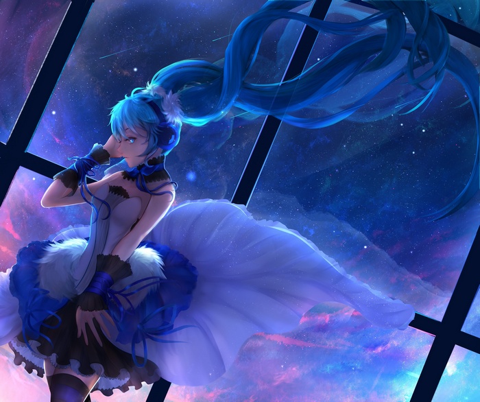 Hatsune Miku in a blue dress against a starry background