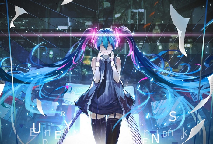 Hatsune Miku with blue and pink twintails in a dark dress