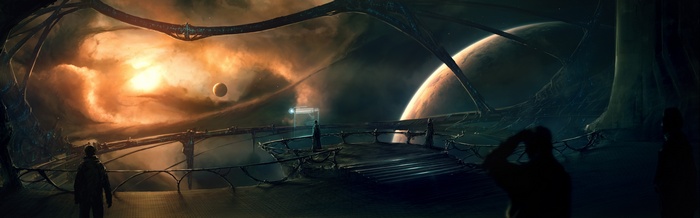 Science fiction art of a futuristic space station with planets