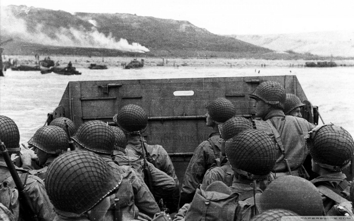 World War II soldiers in a landing craft on D-Day