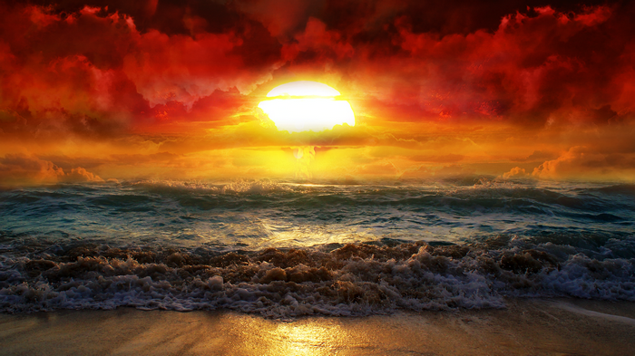 Apocalyptic sunset over the ocean with atomic bomb cloud