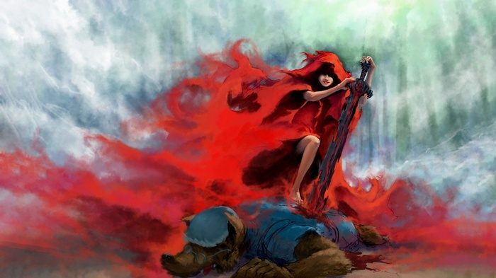 Little Red Riding Hood with bloody sword over defeated wolf