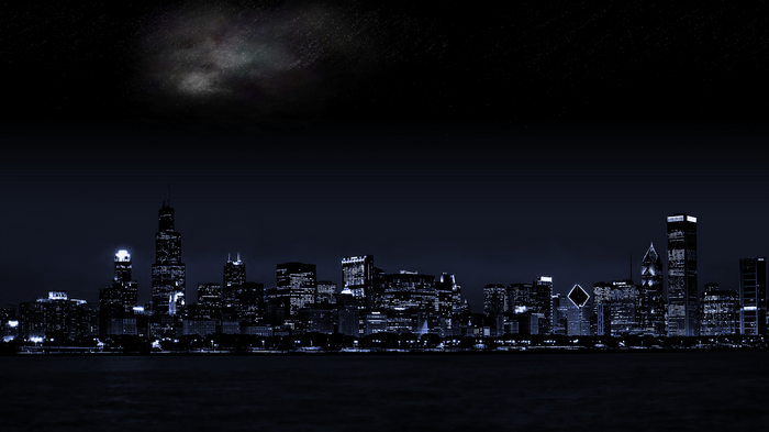 Chicago skyline at night with stars and clouds