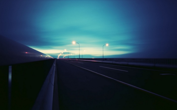 Empty highway at dusk with streetlights