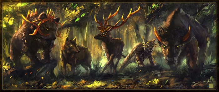 Fantasy animals with glowing antlers and crowns in a forest