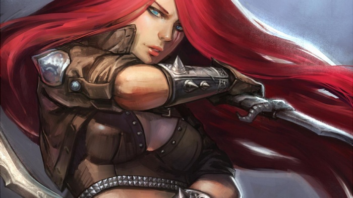 Katarina from League of Legends with red hair and knives