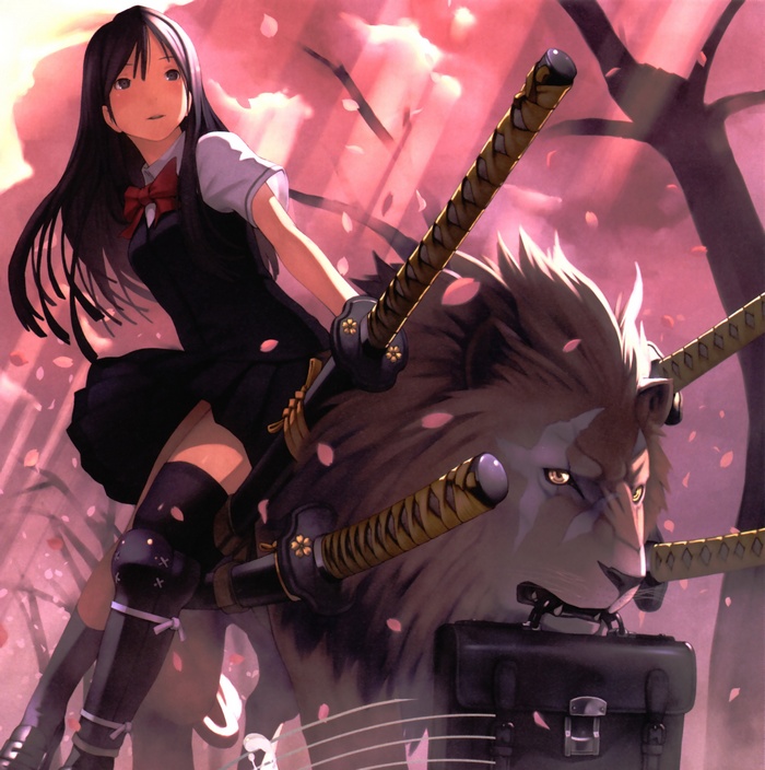 Girl riding a lion with katanas