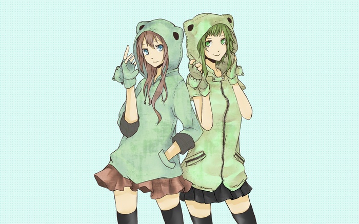 Megpoid Gumi and Megurine Luka in frog hoodies
