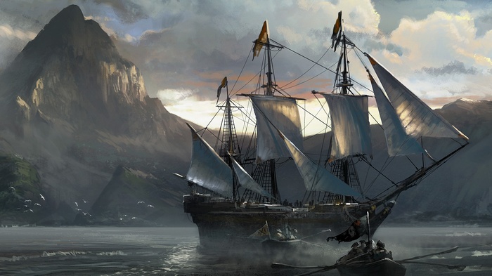 Assassin's Creed Black Flag pirate ship and rowboats