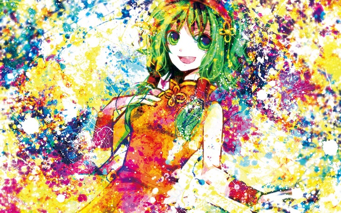 Megpoid Gumi anime girl with colorful paint splatters