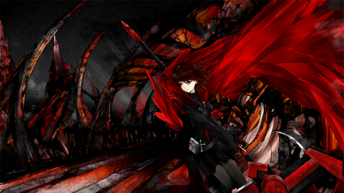 Ruby Rose with Crescent Rose in a dark, jagged landscape