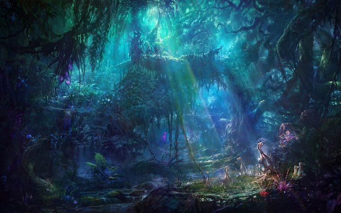 Fantasy jungle with sun rays and strange creatures