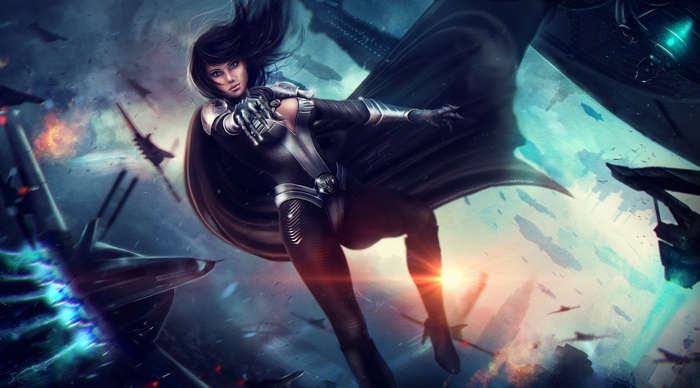 Woman in sci-fi armor in a space battle