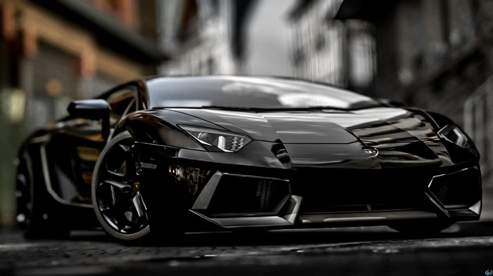 Black Lamborghini Aventador parked on a street