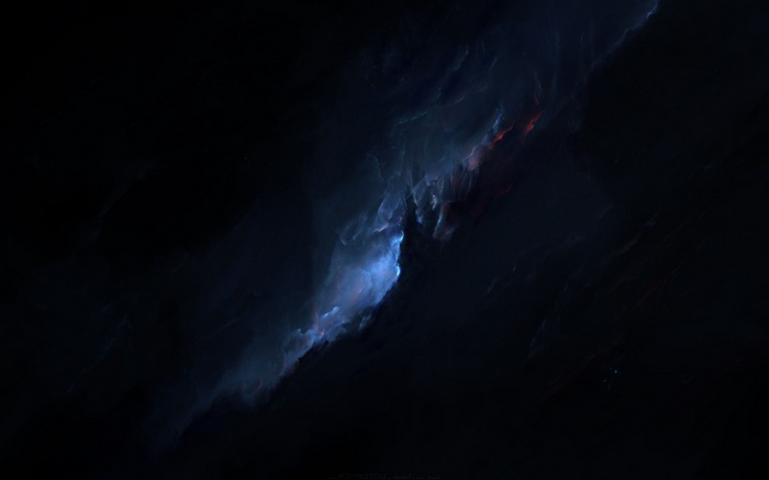 Digital art of a dark nebula with blue and red light