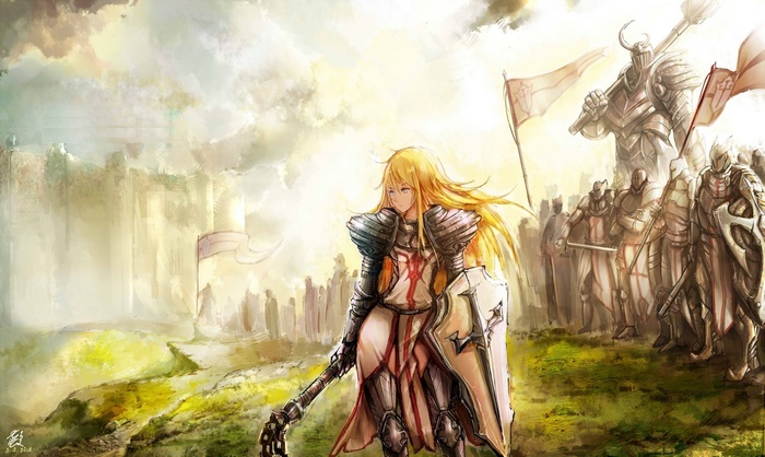 Crusaders from Diablo III in armor with flags