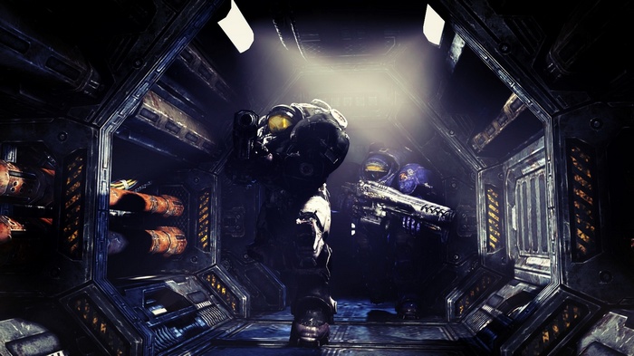 Two armored soldiers with guns in a spaceship corridor