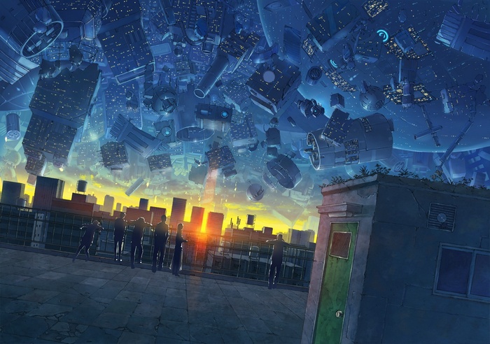 Anime cityscape with floating structures at sunset