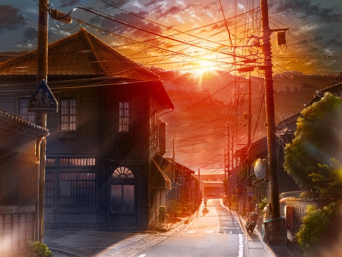 Anime street scene at sunset with power lines