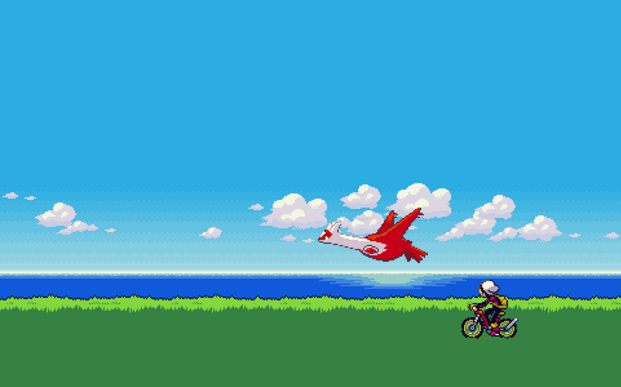 Pokémon Latias flies over a trainer on a bicycle
