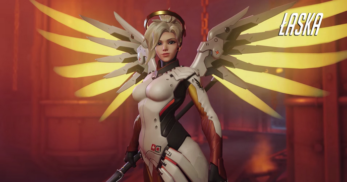Mercy from Overwatch with wings and text "ŁASKA"