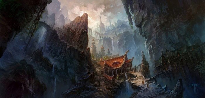 Fantasy city built into a rocky canyon